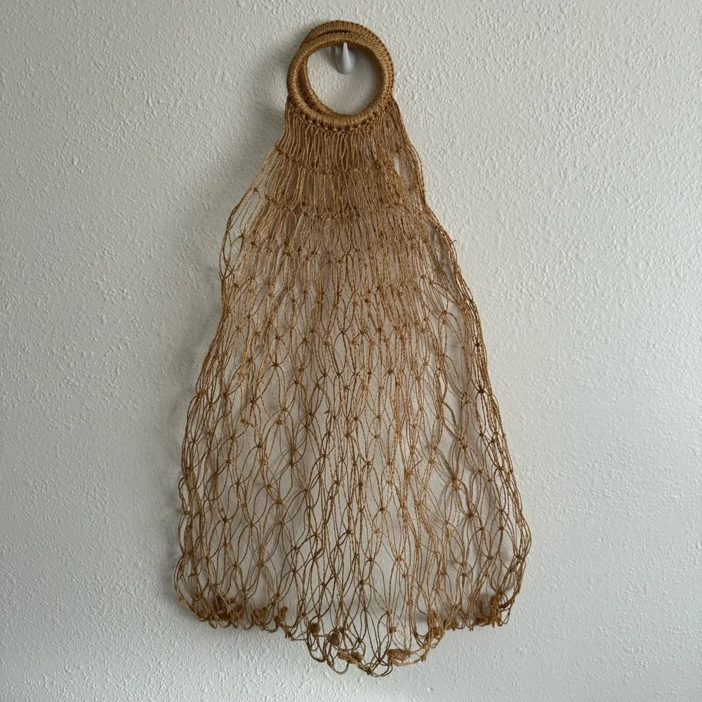Vintage 90s Handmade Woven Straw Crochet Net Jute Farmers Market Large Tote Bag
